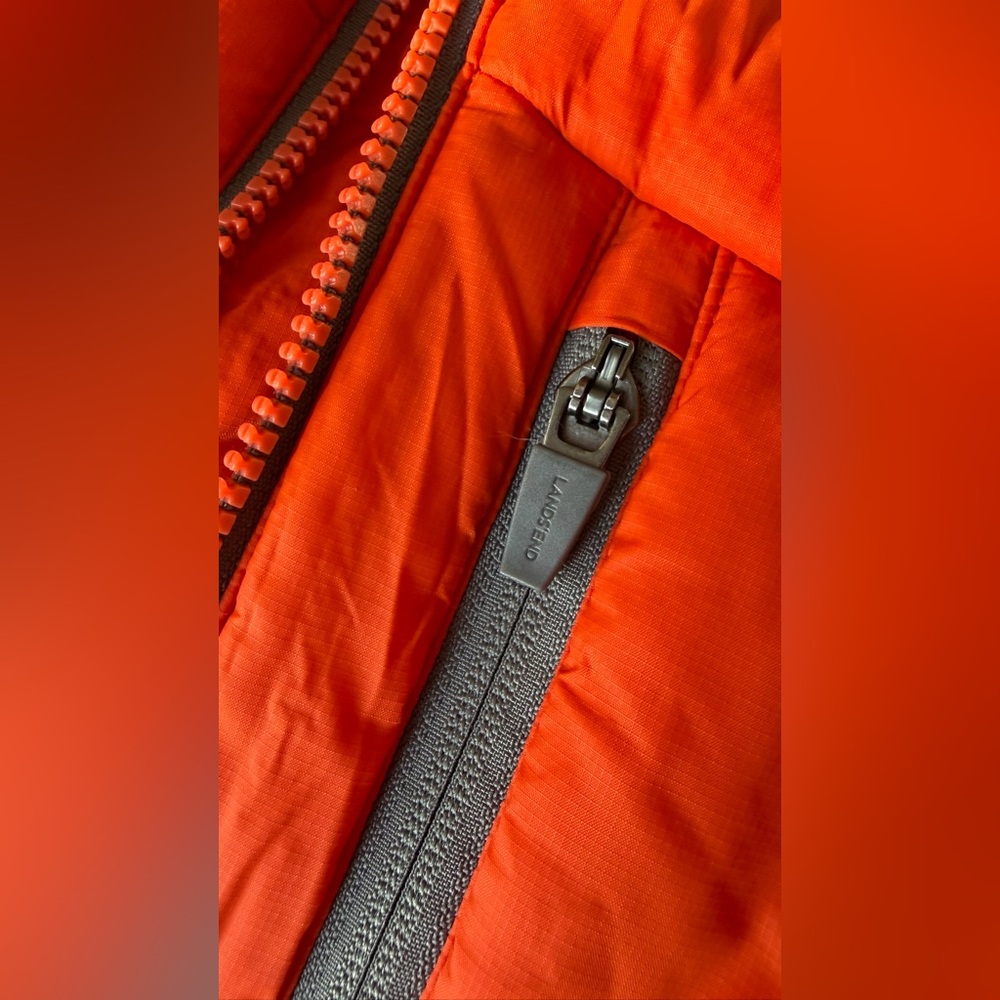 Lands’ End Youth Hooded Packable Puffer Jacket – Orange, Size M (10–12) - Picture 12 of 14